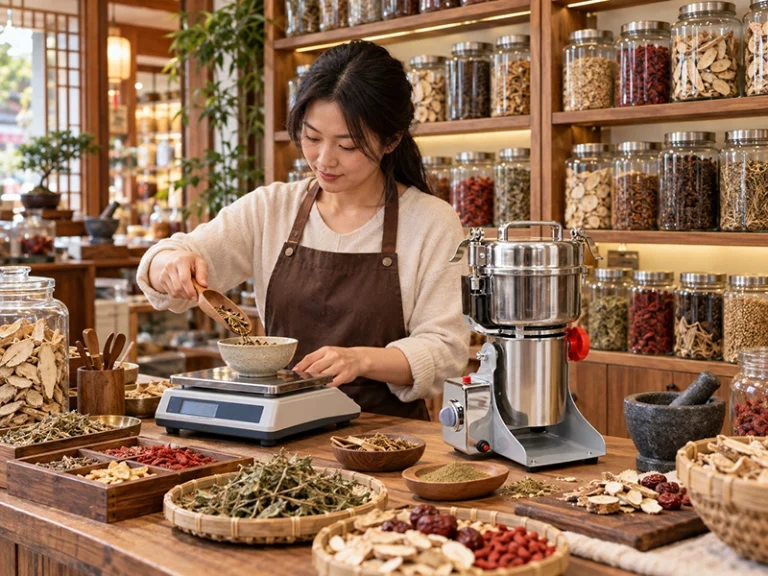 آسیاب ادویه در کنار ترازو و مواد اولیه برای محاسبه هزینه هر کیلو